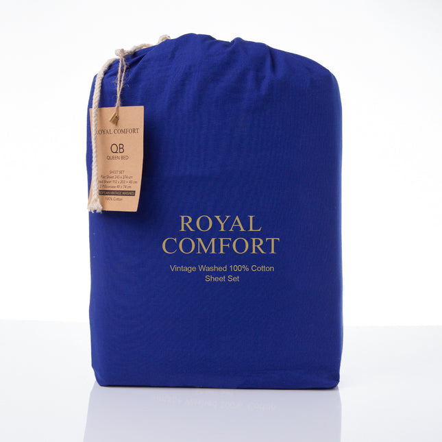 Royal Comfort Vintage Washed 100 % Cotton Sheet Set Double - Royal Blue-1951134887813713927