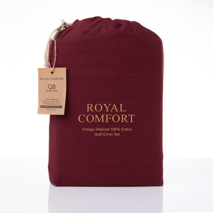 Royal Comfort Vintage Washed 100 % Cotton Quilt Cover Set Single - Mulled Wine-1951134831647789058