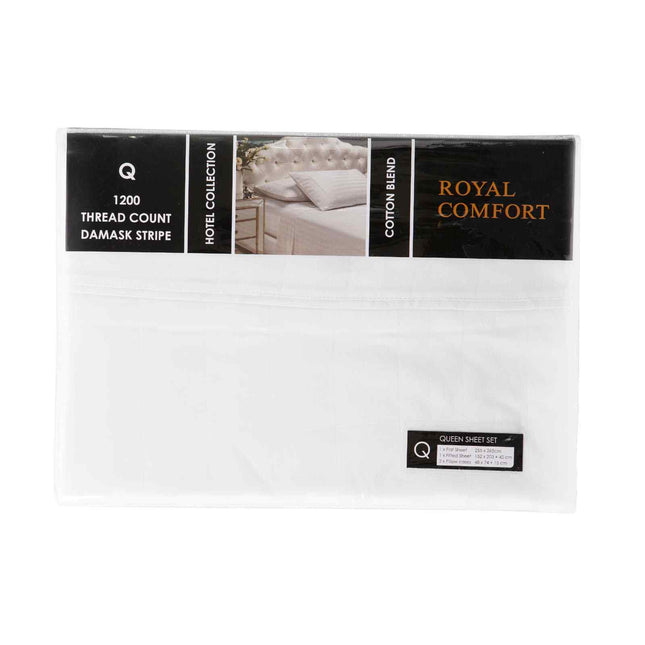 Royal Comfort 1200 Thread count Damask Stripe Cotton Blend sheet sets Queen White-1951134866385014786