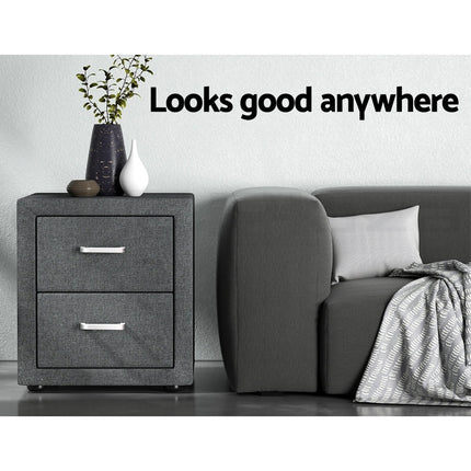 Artiss 2X Bedside Table 2 Drawers Side Table Fabric - CADEN Grey