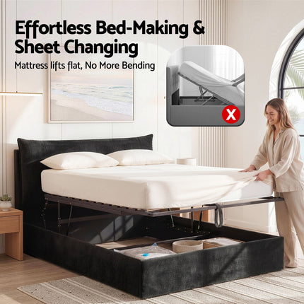 Artiss Queen Bed Frame with Horizontal Gas Lift Storage with LED Light USB Type-C Charging Station Black Velvet