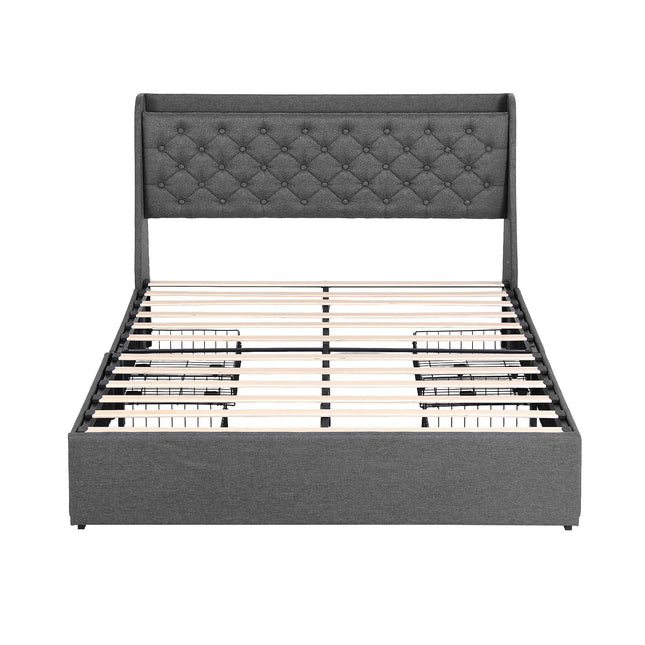 Artiss Double Bed Frame with 4 Storage Drawers and Charging Station Tufted Wingback Headboard 300kg Loads Charcoal Grey