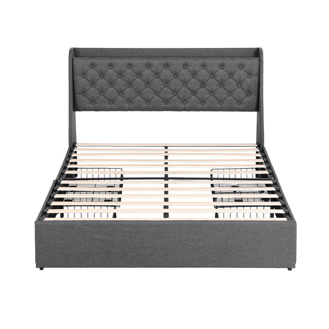 Artiss Queen Bed Frame with 4 Storage Drawers and Charging Station Tufted Wingback Headboard 300kg Loads Charcoal Grey