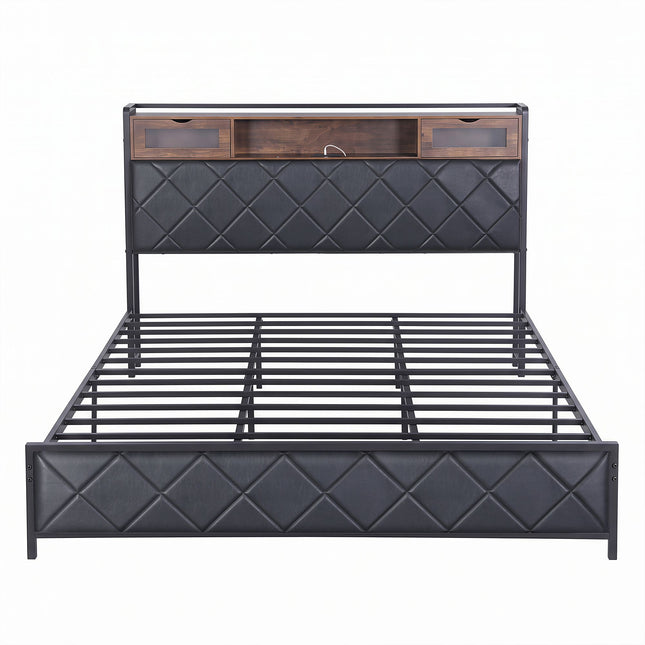 Artiss King Bed Frame with LED Lights and Storage Headboard Charging Station