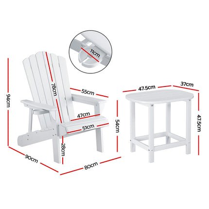 Gardeon Outdoor Table and Chairs HDPE Adirondack Beach Chair Sun Lounge Patio Furniture Garden White