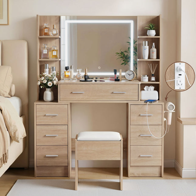 Artiss Dressing Table Vanity Desk Set Stool LED Charging Station Wood