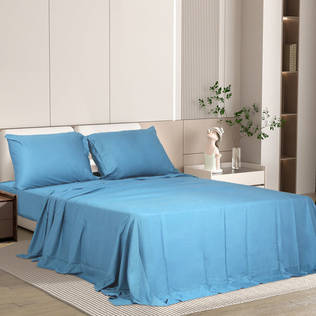 Dreamz 4pcs Double Size 100% Bamboo Bed Sheet Set in Blue Colour-1973194025158709254