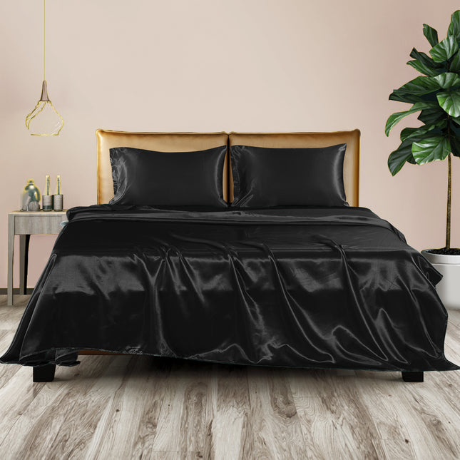 DreamZ Silky Satin Sheets Fitted Double Black-1954802912999903238