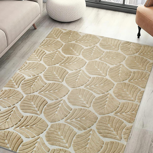 Marlow Floor Rug Soft Embossed Carpet Non Slip Plush Shaggy Rugs Leaf Pattern-1973193450954297351