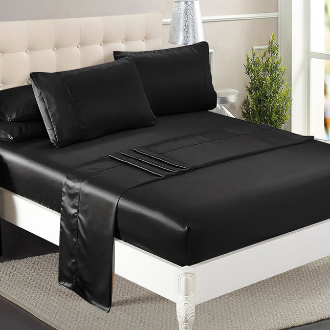 DreamZ Silky Satin Sheets Fitted Flat Queen Black-1973194024038830087