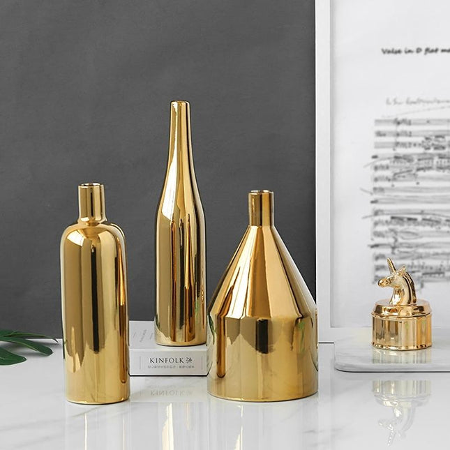 Gold Plated Ceramic Flower Vase - Desktop Decorative Three-Piece Set-1915197834530000898