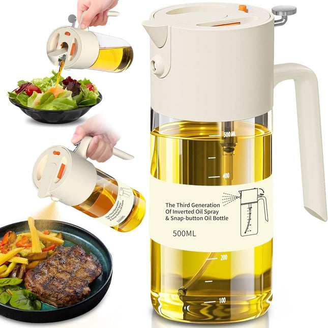 2-in-1 Oil Sprayer & Dispenser with Precision Spray, Wide-Mouth Refill, 500ml Glass Bottle (White)