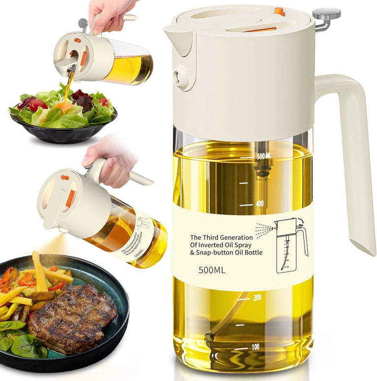 2-in-1 Oil Sprayer & Dispenser with Precision Spray, Wide-Mouth Refill, 500ml Glass Bottle (White)