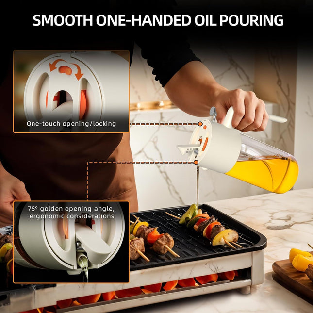 2-in-1 Oil Sprayer & Dispenser with Precision Spray, Wide-Mouth Refill, 500ml Glass Bottle (White)