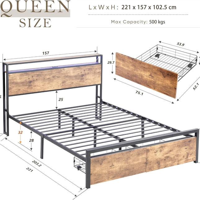 Queen Bed Frame with Storage, Industrial Bed with Led Lights Headboard and 2 Drawers, Wooden Bed Frames with Charging Station, Noise Free, No Box Spring Needed, Easy Assembly, Rustic Brown