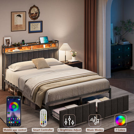 Double Bed Frame with 2 Storage Drawers and LED Lights Headboard, Upholstered Bed Frame with Charging Station, No Box Spring Needed, Easy Assembly - Grey