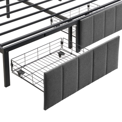 Double Bed Frame with 2 Storage Drawers and LED Lights Headboard, Upholstered Bed Frame with Charging Station, No Box Spring Needed, Easy Assembly - Grey