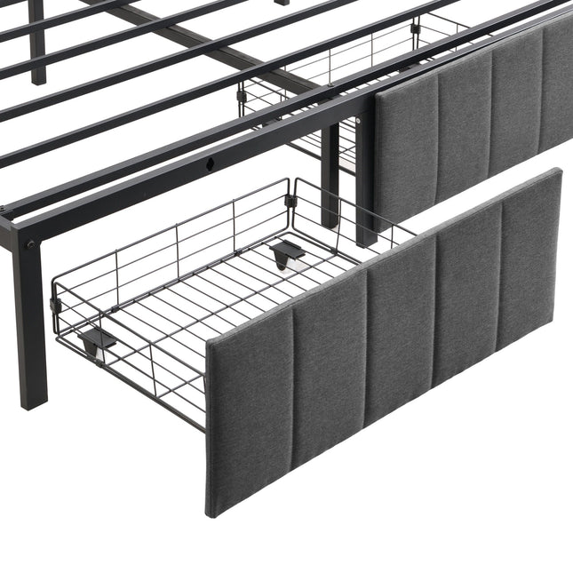 Double Bed Frame with 2 Storage Drawers and LED Lights Headboard, Upholstered Bed Frame with Charging Station, No Box Spring Needed, Easy Assembly - Grey