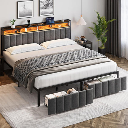 King Bed Frame with 2 Storage Drawers and LED Lights Headboard, Upholstered Bed Frame with Charging Station, No Box Spring Needed, Easy Assembly - Grey
