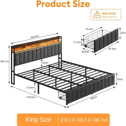 King Bed Frame with 2 Storage Drawers and LED Lights Headboard, Upholstered Bed Frame with Charging Station, No Box Spring Needed, Easy Assembly - Grey
