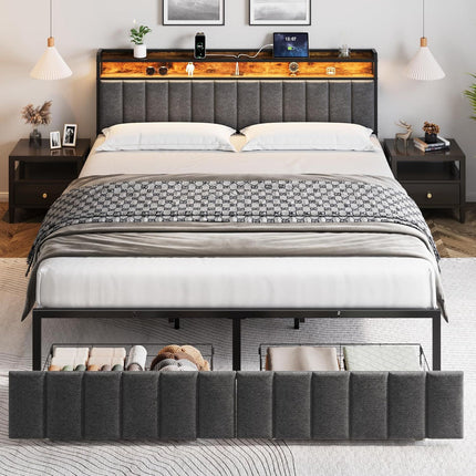 King Bed Frame with 2 Storage Drawers and LED Lights Headboard, Upholstered Bed Frame with Charging Station, No Box Spring Needed, Easy Assembly - Grey