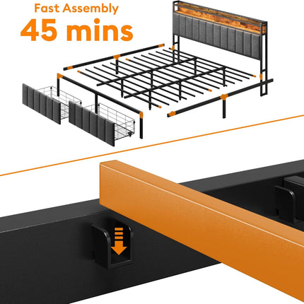 King Bed Frame with 2 Storage Drawers and LED Lights Headboard, Upholstered Bed Frame with Charging Station, No Box Spring Needed, Easy Assembly - Grey