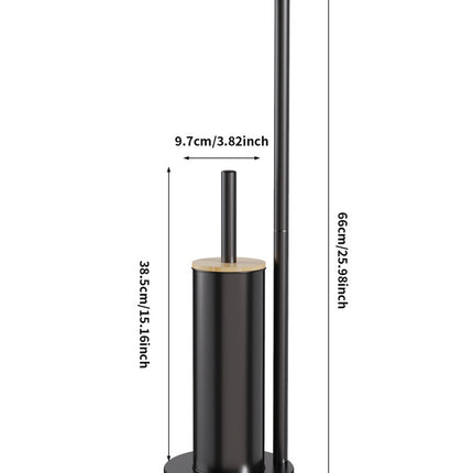 2-in-1 Iron Floor Standing Roll Paper Holder and Bamboo Lid Toilet Brush For Bathroom and Toilet-Black