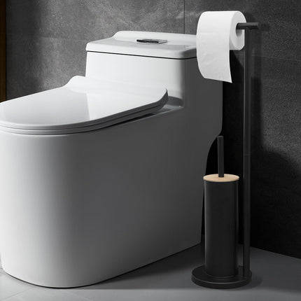 2-in-1 Iron Floor Standing Roll Paper Holder and Bamboo Lid Toilet Brush For Bathroom and Toilet-Black