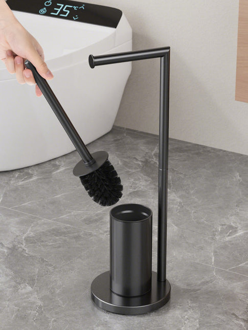 2-in-1 Floor Standing Roll Paper Holder and Toilet Brush For Bathroom and Toilet-Black