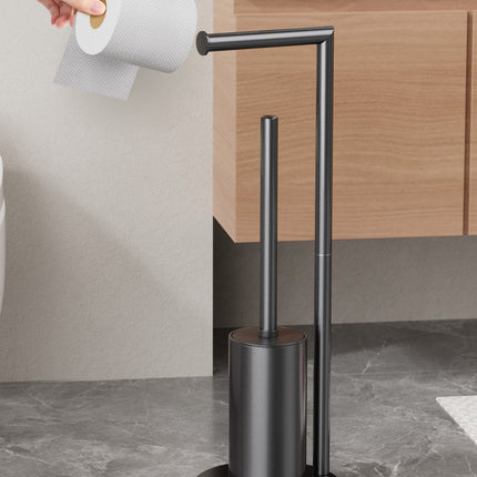 2-in-1 Floor Standing Roll Paper Holder and Toilet Brush For Bathroom and Toilet-Black