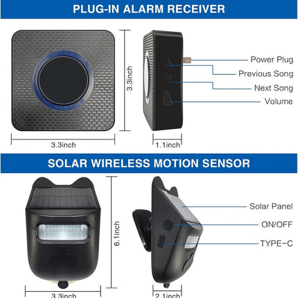 Driveway alarm - Entry detector - Solar driveway alarm - Motion detector - Wireless = Security - Wireless solar driveway alarm - Motion detector - Doorbell - DIY security system - (1 sensor and 2 doorbells)