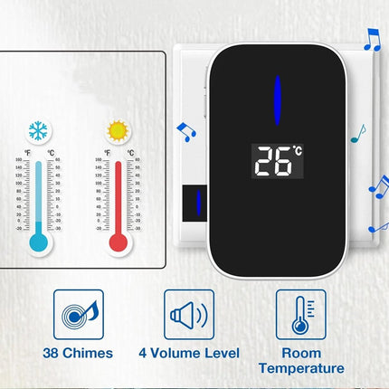 Wireless Doorbell - Doorbells - Wireless Doorbell - Battery-Free Wireless Doorbell - Self-winding Doorbell Button with Electronic Chime - Temperature Display - For Home and Office (White, 1+1)