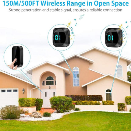 Wireless doorbell with LED, temperature display, waterproof electronic doorbell kit, with 2 plug-in receivers, 150m range, 4 volume levels, 38 melodies