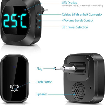 Wireless doorbell with LED, temperature display, waterproof electronic doorbell kit, with 2 plug-in receivers, 150m range, 4 volume levels, 38 melodies