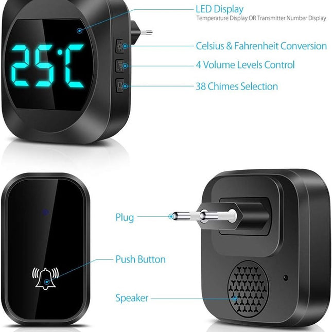 Wireless doorbell with LED, temperature display, waterproof electronic doorbell kit, with 2 plug-in receivers, 150m range, 4 volume levels, 38 melodies