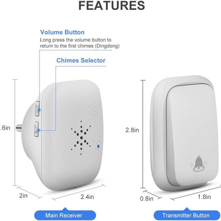 Wireless Doorbell - Doorbells - Wireless Doorbell - Standalone Doorbell - No Battery Required - Wireless Doorbell - 150m Range, Waterproof Button - With 38 Ringtones - 4 Volume Levels and LED - With