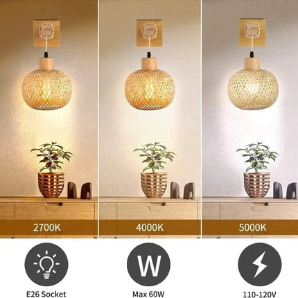 Bamboo wall lamp with lantern shape hand-woven lampshade, E26 lamp base, compatible with bedrooms and living rooms