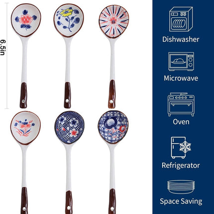 Set of ceramic soup spoons - 6 long-handled Japanese spoons - Easy-to-hold utensils for ramen, wonton, and miso soup - Elegant spoons for noodles and dumplings