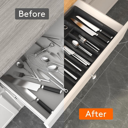 Extendable Cutlery Tray with 8 Compartments - 38 Cm Deep - Cutlery Cassette - Cutlery Drawer Organizer - Kitchen Cutlery Holder - BPA-Free - Organizer - Kitchen Drawer - Cutlery - 57 x 38 x 5 Cm Maximum Size - 33 x 38 x 5 Minimum Size - 6 to 8 Compartment