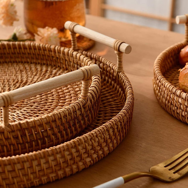 Fruit Basket - Set of 3 - Round Fruit Bowl - Bread Baskets - Storage Basket - With Handle - Rattan Basket - Handles - Decorative Trays - Serving Tray - Home Accessories - For Serving Dishes, Crackers, Pastries, Snacks