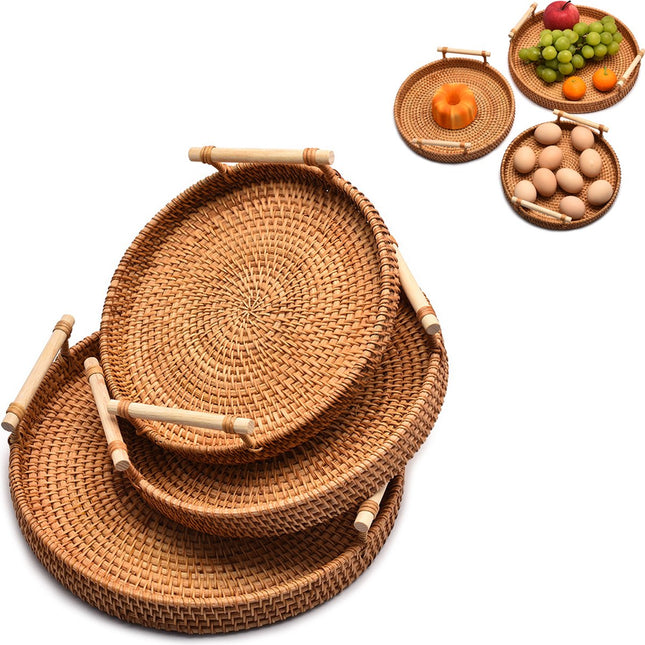 Fruit Basket - Set of 3 - Round Fruit Bowl - Bread Baskets - Storage Basket - With Handle - Rattan Basket - Handles - Decorative Trays - Serving Tray - Home Accessories - For Serving Dishes, Crackers, Pastries, Snacks