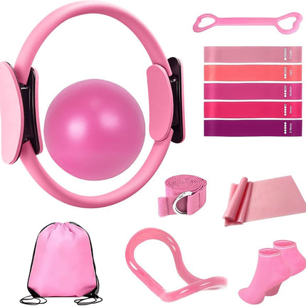 13-Piece Pilates Equipment Set for Women - Yoga & Fitness Set - Home Pilates Training Set - Home Gym Set - Exercise Bands - Resistance Band - Exercise Ball - Beginner Yoga Set with Pilates Ring, 24 cm Yoga Ball, 5 Resistance Bands, Magic Circle