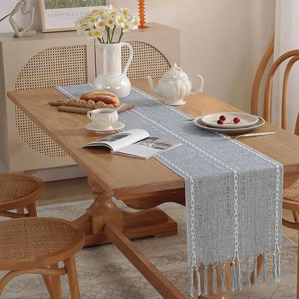 Table Runner - Bohemian Style Table Runner - 33 x 120cm - Blue - Polyester - Rustic Farmhouse Style Table Runner - For Party & Dining Decorations - Boho Tassel Embroidered Table Runners