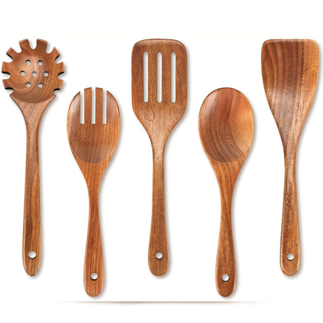 Wooden Kitchen Utensils, Teak Cooking Set, Acacia Wood Kitchen Utensils/Kitchen Set, Scratch Resistant and Heat Resistant 5set-A