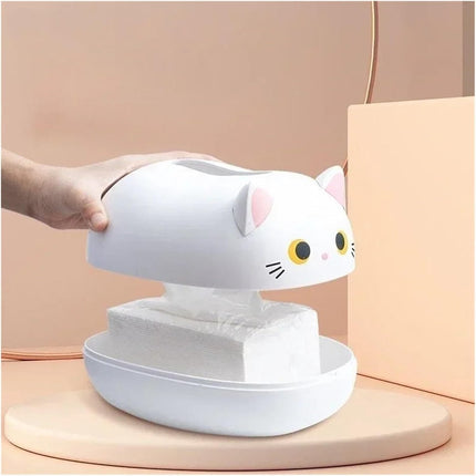 Tissue Box - Tissue Box Organizer with Cat Print - Napkin Holder for the Living Room - Tissue Box for the Kitchen - Toilet Paper Holder for the Bathroom (White，22*16*13cm)
