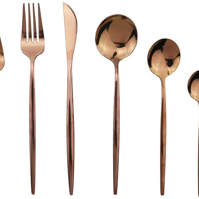 Cutlery Set - Mirror-polished copper cutlery set (for 6 persons) - Shiny stainless steel cutlery set (36-piece) - Dinner knife, fork, spoon, dessert fork, salad spoon - Dishwasher safe