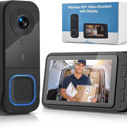Wireless Doorbell with Camera - 1080P Image & 4.5 Inch Screen - No WiFi Required - Range Up to 120m - Night Vision