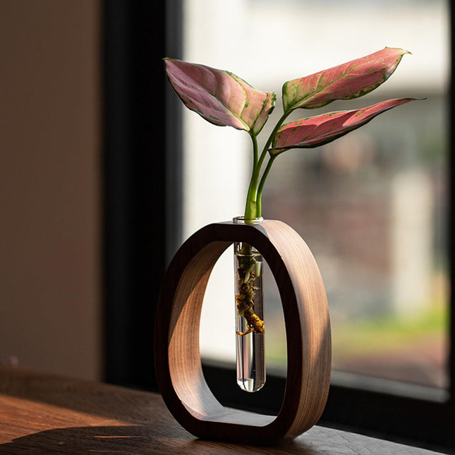 Plant Cutting Station - Flower Vase - Test Tube Vase - Hydroponics - Cutting Holder - Glass Vase - Table Decoration - Wooden Stand - Home Accessories - Dried Flowers - Vintage - Plant Stand - Brown - 1 Piece