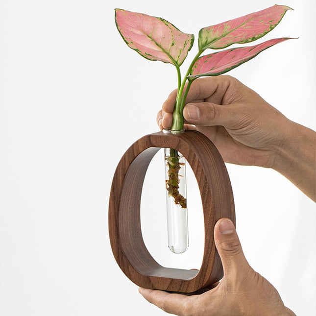 Plant Cutting Station - Flower Vase - Test Tube Vase - Hydroponics - Cutting Holder - Glass Vase - Table Decoration - Wooden Stand - Home Accessories - Dried Flowers - Vintage - Plant Stand - Brown - 1 Piece