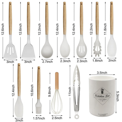 Kitchen Utensil Set - Silicone Spatula Set - Cooking Utensils with Holder - Wooden Spoons - Non-Stick - Pan Scrapers - Heat Resistant - Whisk - Serving Tongs - Baking Utensils - Kitchen Starter Kit - Scratch-Free - White - 12 Pieces